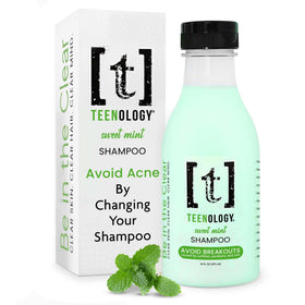 Teenology front bottle showing mint label and clear benefit for acne-conscious haircare