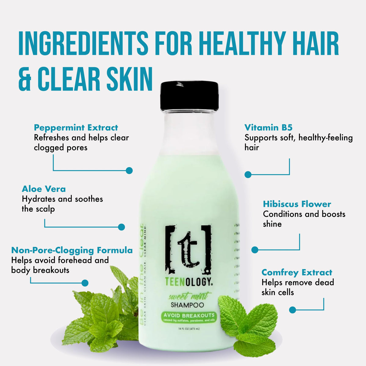 Foamy mint shampoo texture from Teenology showing gentle, residue-free lather