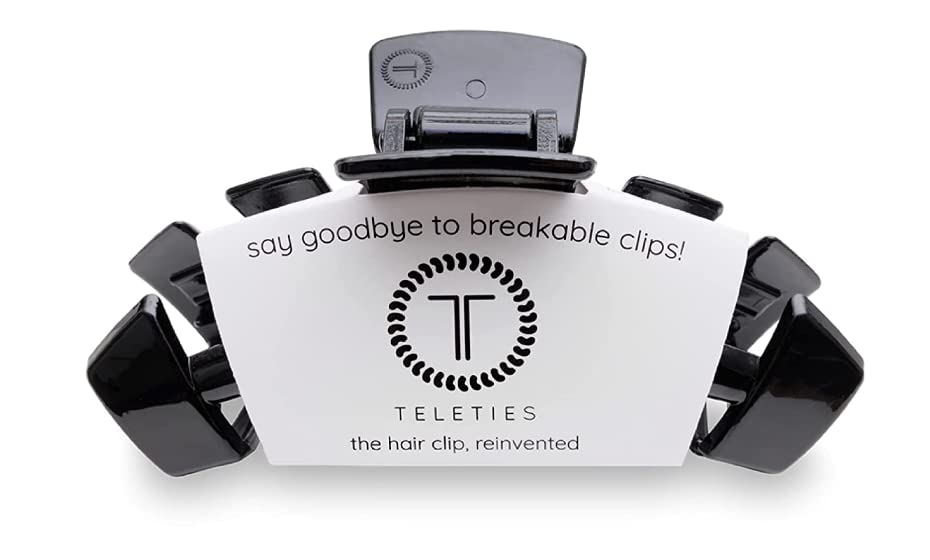 Teleties medium hair clip front view shows sleek jet black finish and secure grip