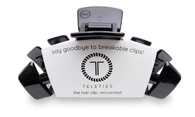 Teleties medium hair clip front view shows sleek jet black finish and secure grip