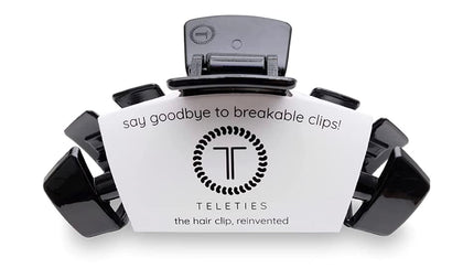 Teleties medium hair clip front view shows sleek jet black finish and secure grip