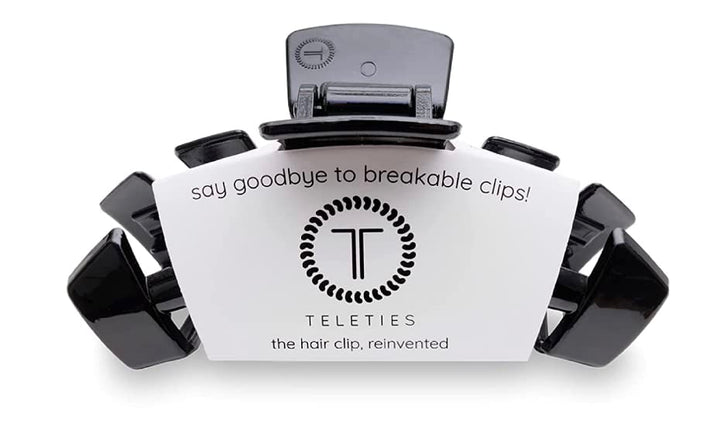 Teleties medium hair clip front view shows sleek jet black finish and secure grip