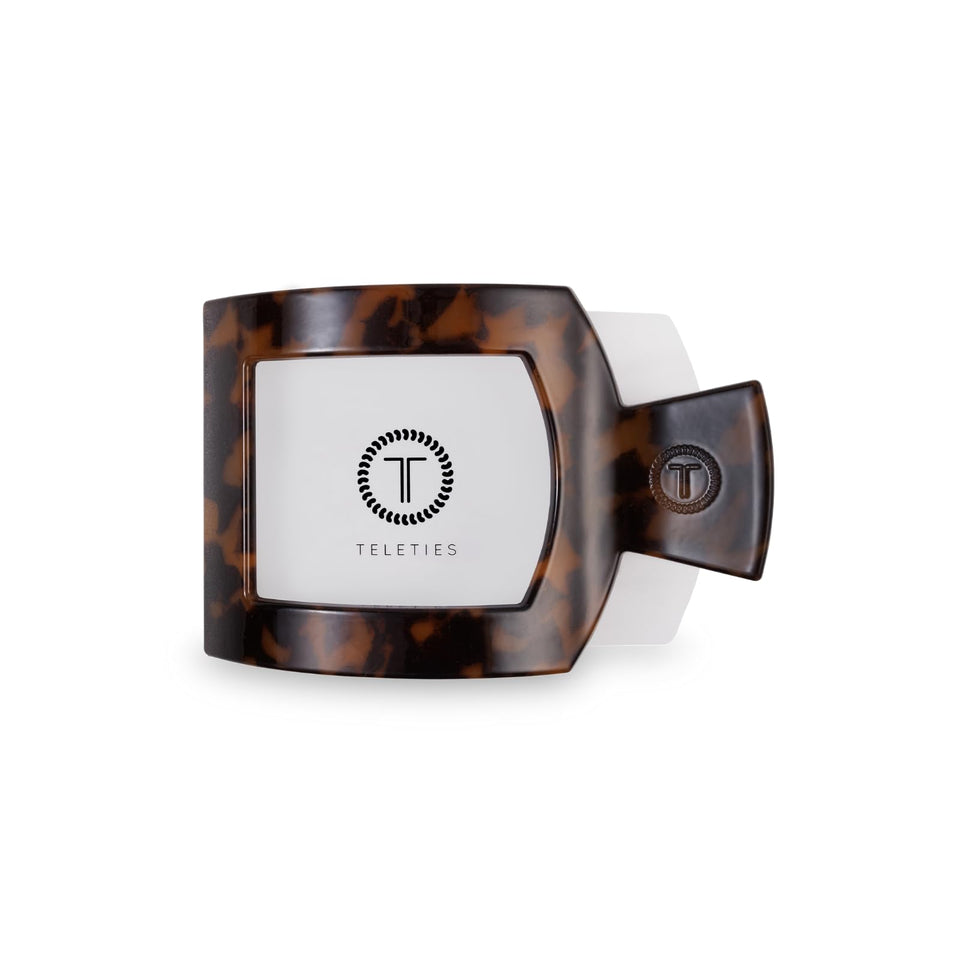 TELETIES front view of tortoise clip showing low-profile design and secure hold