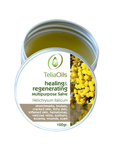 Teliaoils jar front view showing label and compact 100g size, natural relief