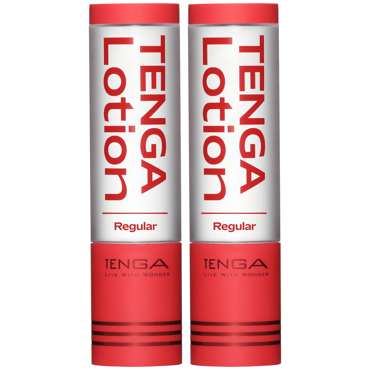 TENGA front view of two red lotion bottles showing product and quantity benefit