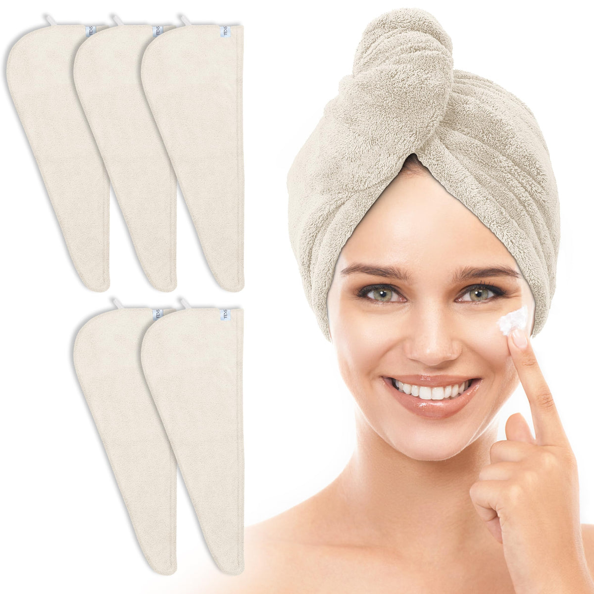 TENSTARS front view of five cream towel wraps showing set and packaging benefit quick replacement