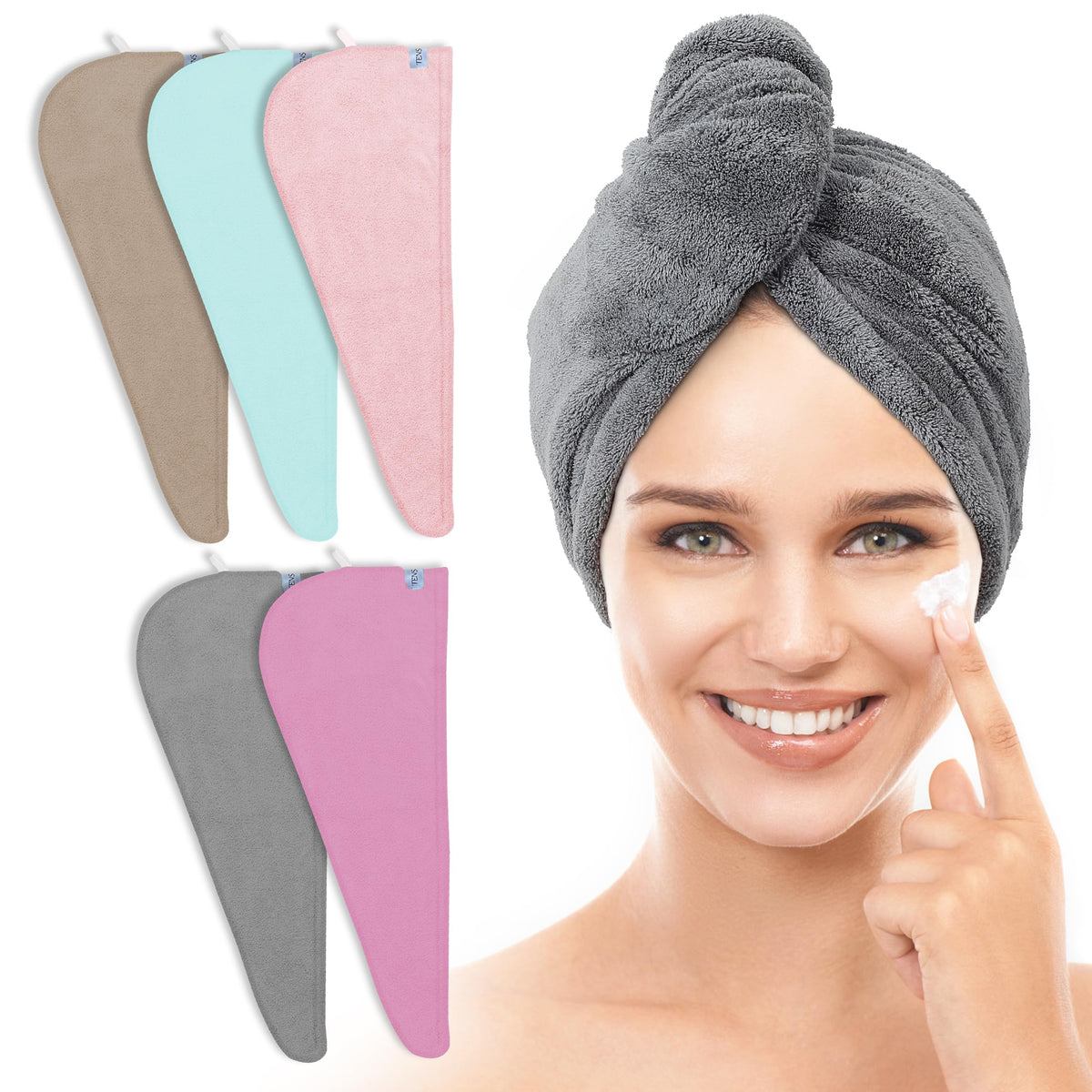 TENSTARS front view of five towel wraps showing included colors and neat packaging for convenience