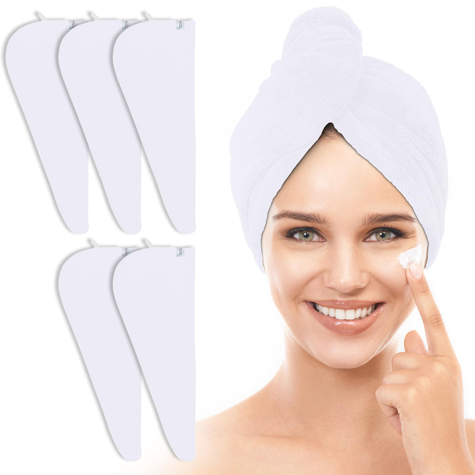 TENSTARS front view of five white towel wraps showing the set and dimensions