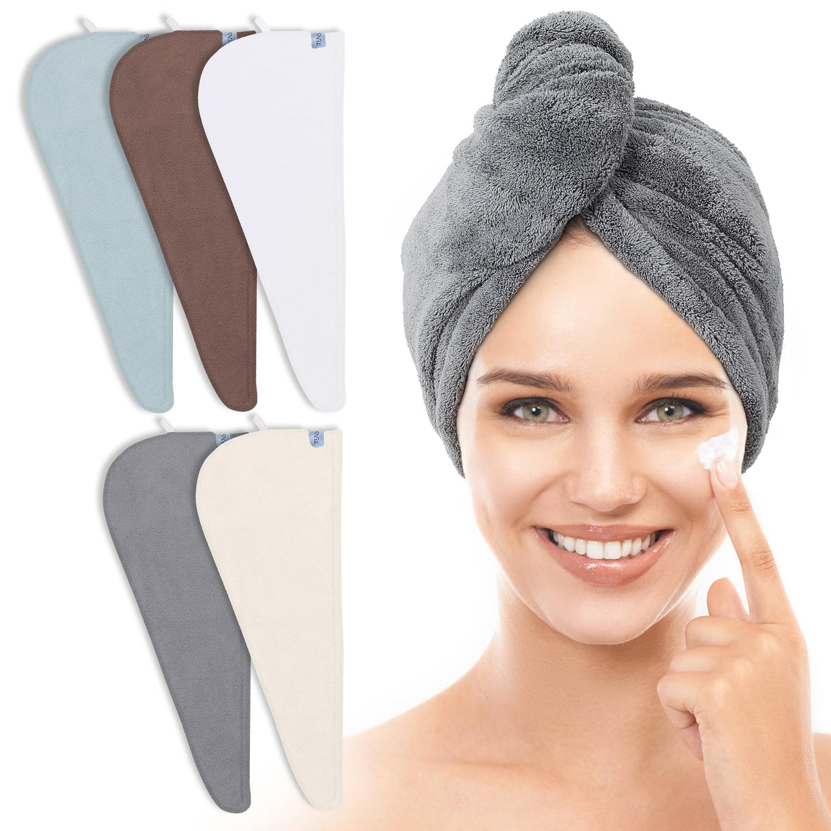 TENSTARS multipack front view showing five colored towel wraps and compact packaging benefit