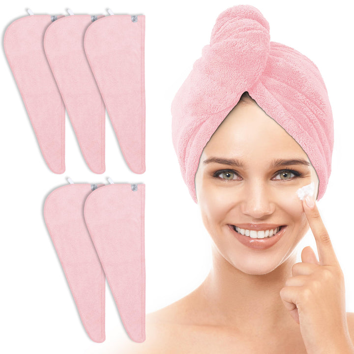 TENSTARS front view of five pink towel wraps, shows value pack and color