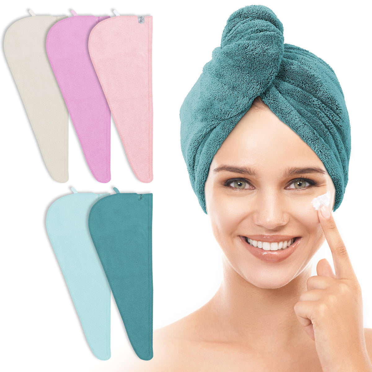 TENSTARS front view of five-pack towel wraps showing colors and sizes, fast-drying benefit
