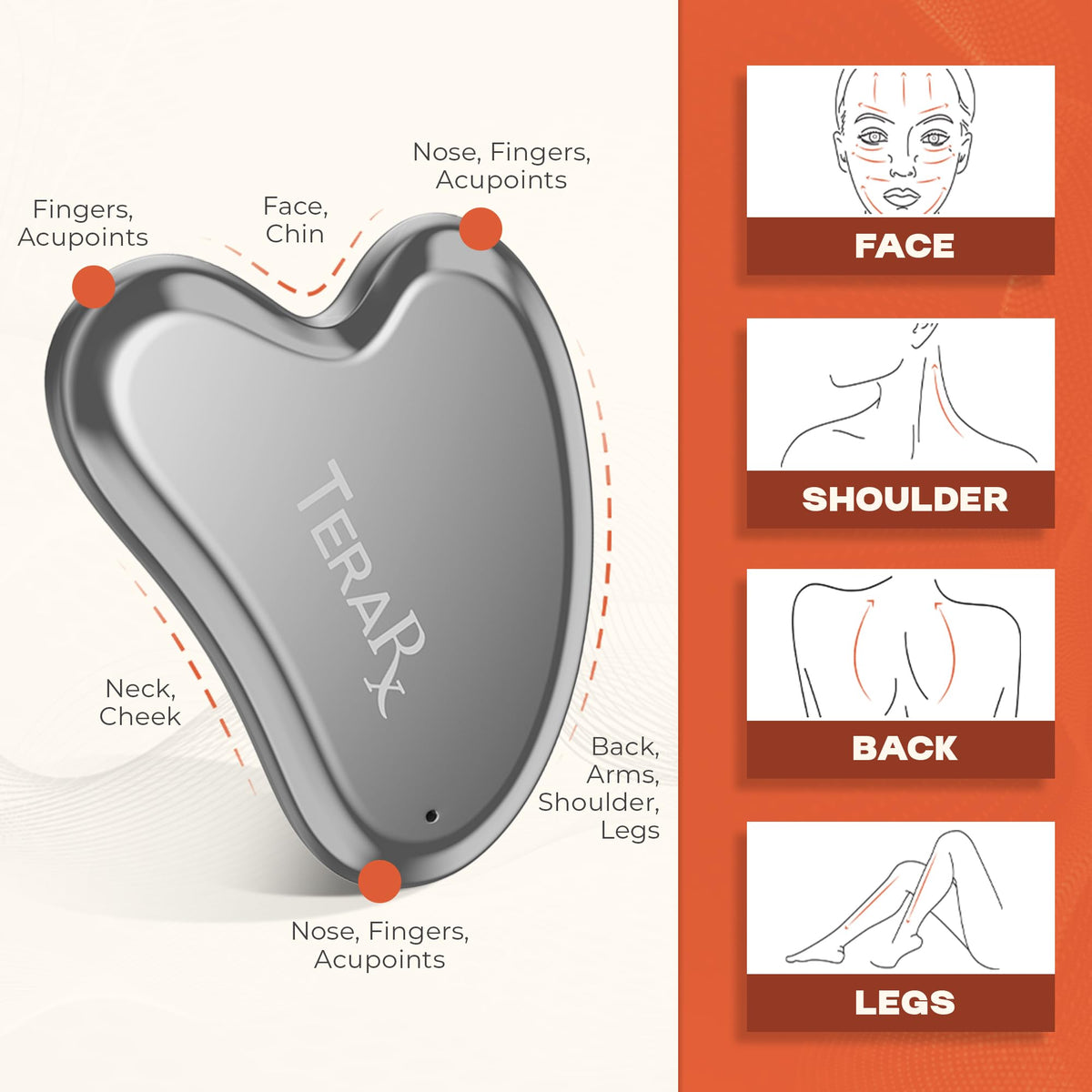 TeraRX gua sha used on cheek illustrating outward strokes to reduce puffiness and support drainage