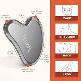 TeraRX gua sha used on cheek illustrating outward strokes to reduce puffiness and support drainage