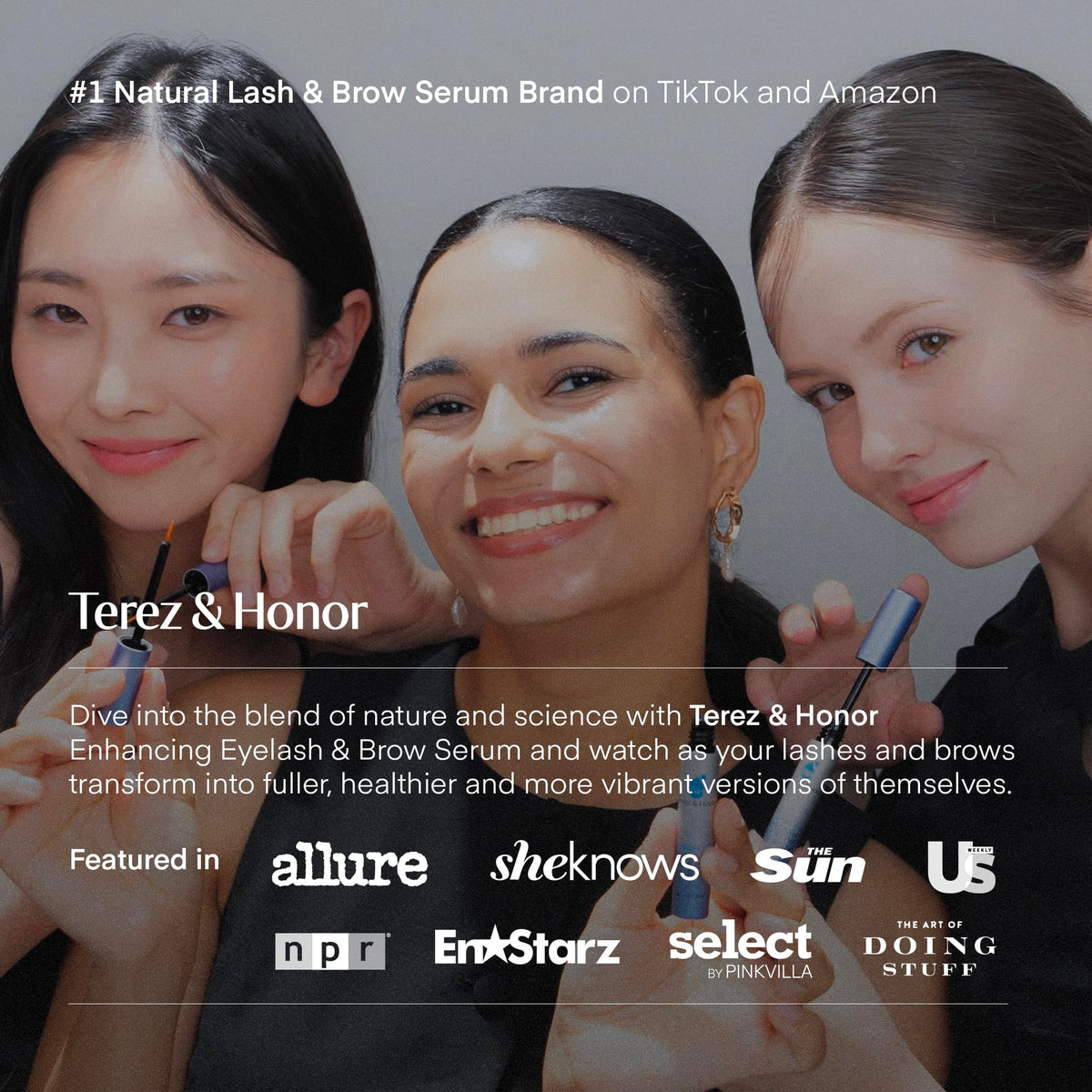 Terez & Honor model applying serum to eyebrow sparse areas for enhanced shape