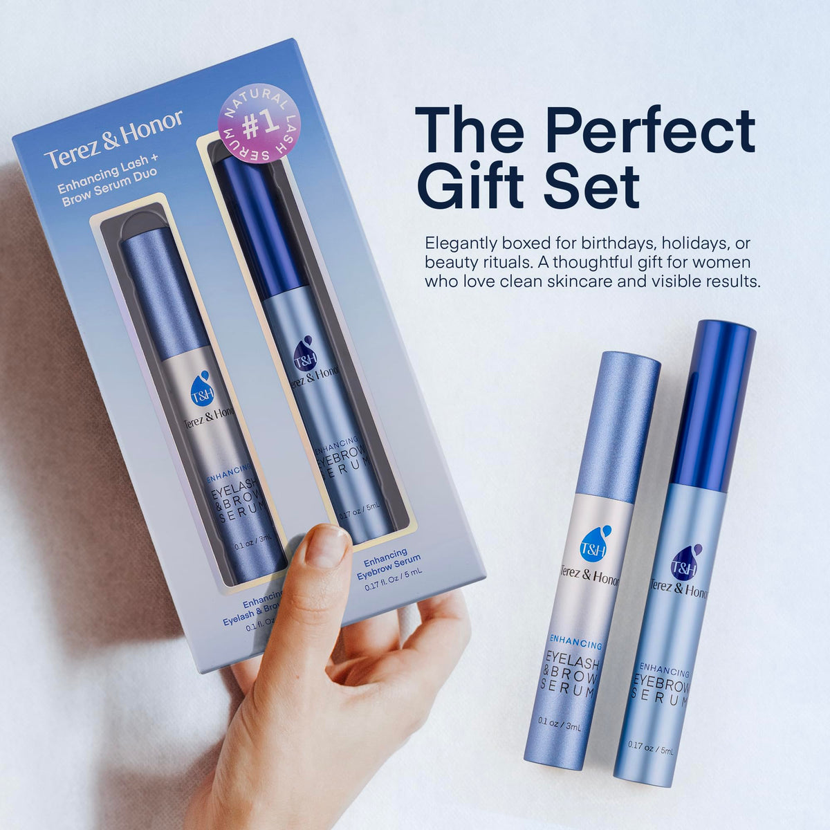 Terez & Honor brow serum applicator detail showing narrow brush for even brow coverage