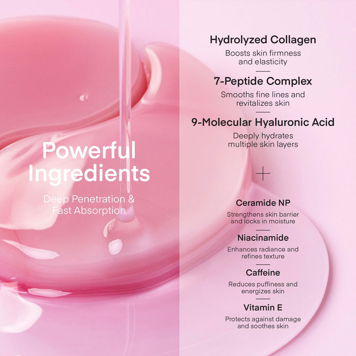 TEREZ & HONOR ingredients label closeup showing peptides and hyaluronic acid benefit: clean formulation