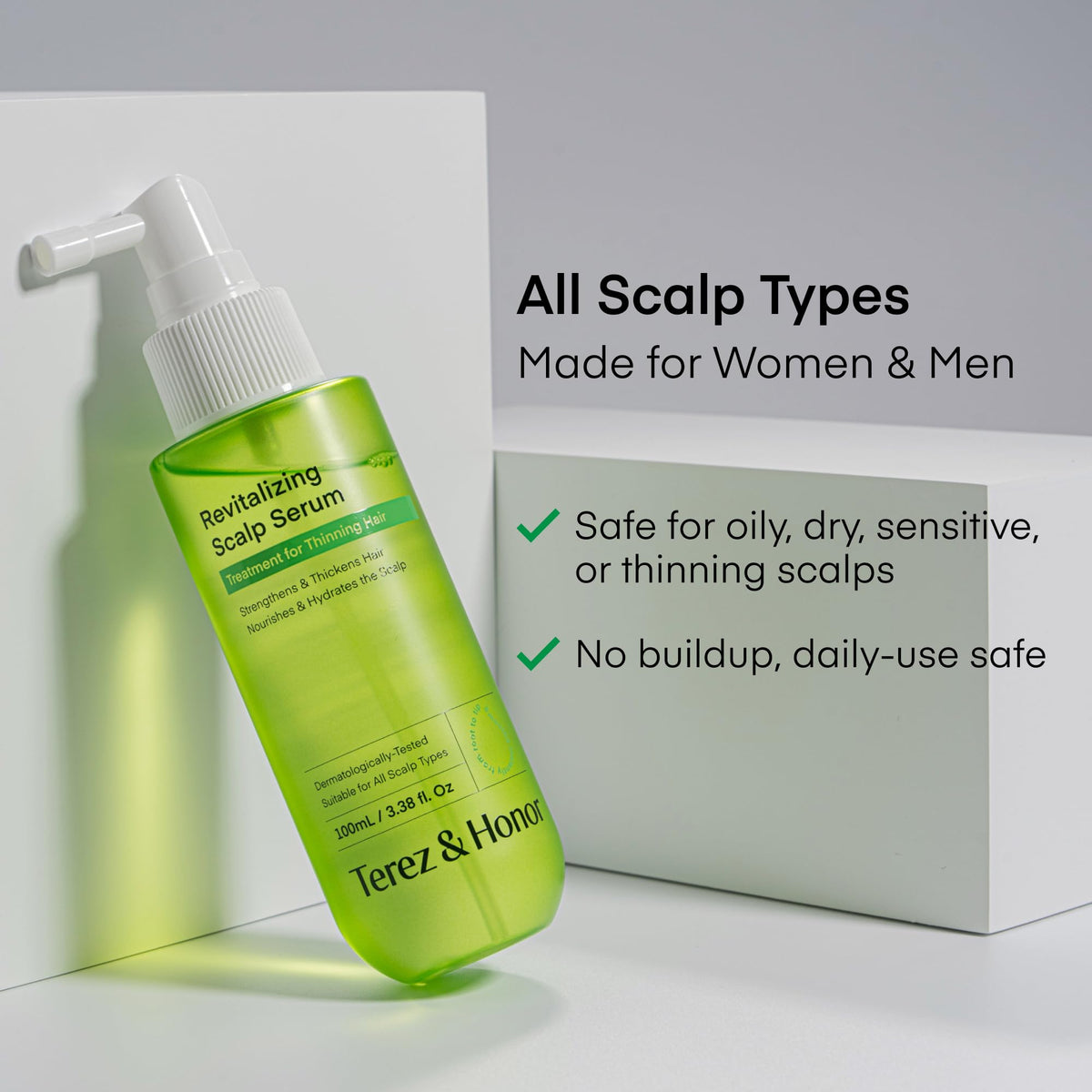 TEREZ & HONOR size comparison with a hand showing travel-friendly 100 mL convenience