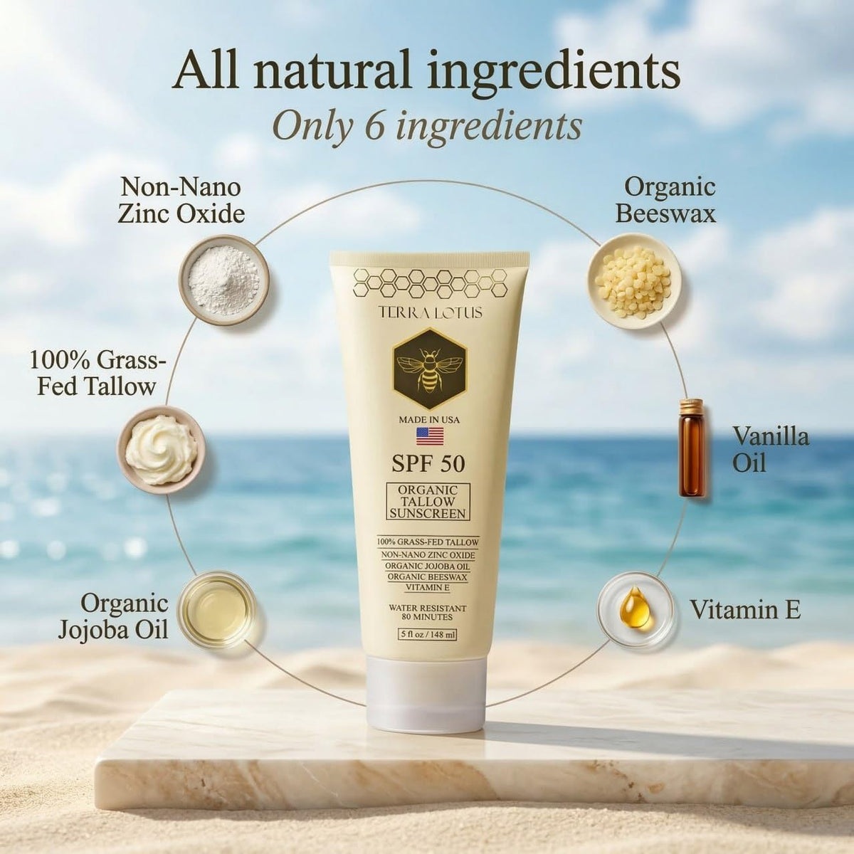 Terra Lotus applying sunscreen to arm, shows water-resistant coverage benefit