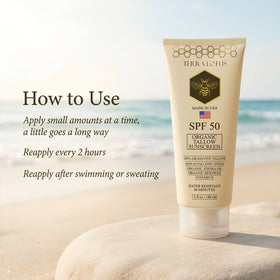 Terra Lotus applying sunscreen to face, demonstrates lightweight finish benefit