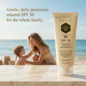 Terra Lotus jar on a beach towel, emphasizes reef-safe outdoor protection benefit