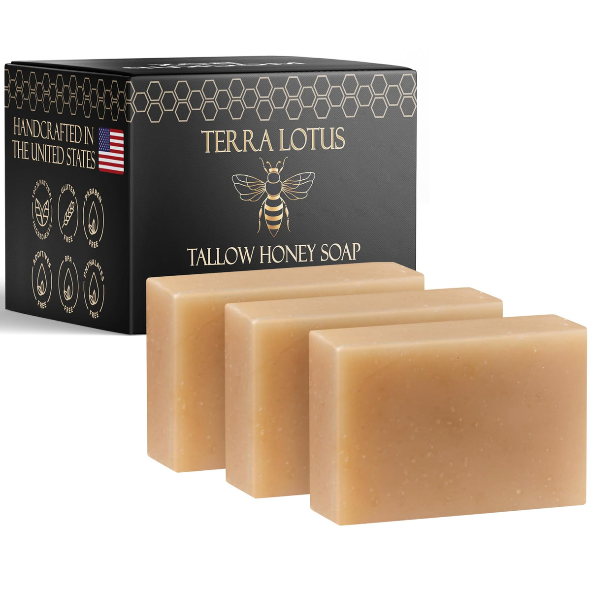 Terra Lotus front packaging showing three unscented tallow soap bars and labels, highlighting natural quality
