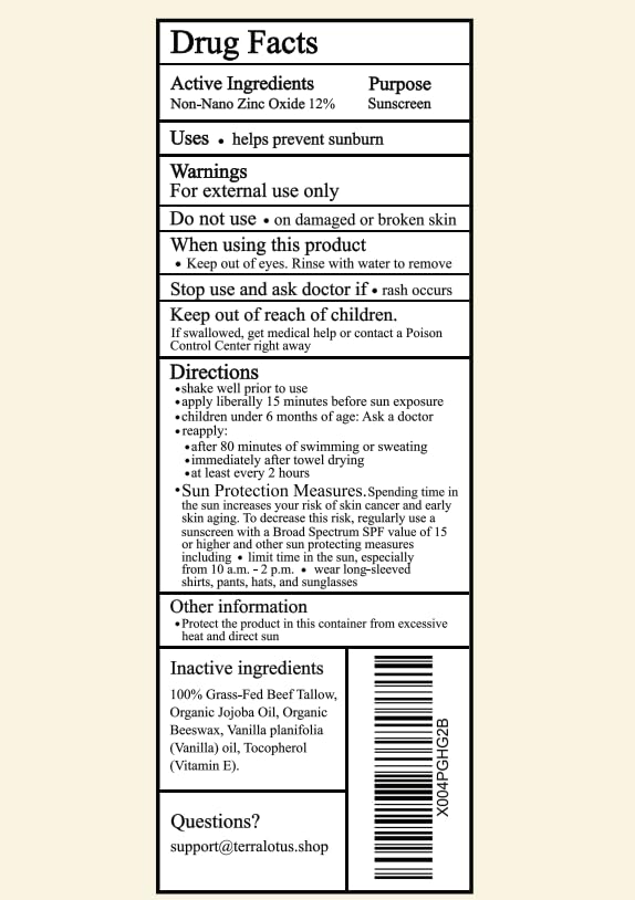 Terra Lotus ingredient label close-up, highlights grass-fed tallow and zinc benefit