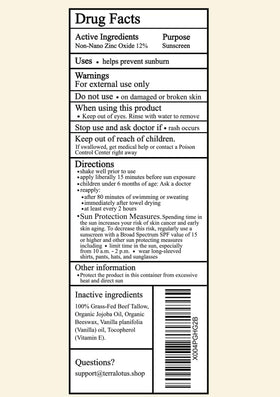 Terra Lotus ingredient label close-up, highlights grass-fed tallow and zinc benefit