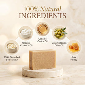 Terra Lotus ingredient layout of grass-fed tallow, organic oils and raw honey communicating purity