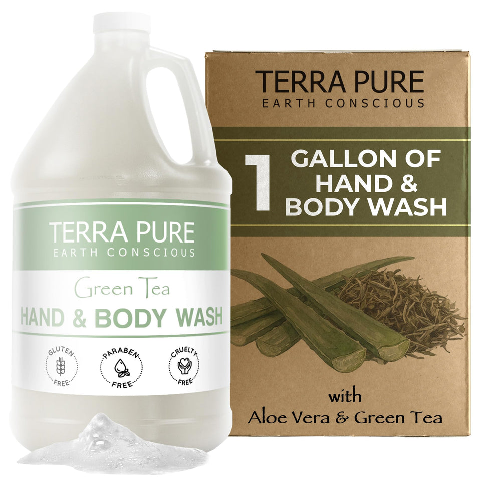 Terra Pure front label showing green tea scent and guest-friendly design benefits