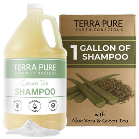 Terra Pure front view of one-gallon shampoo container showing clear labeling and ease