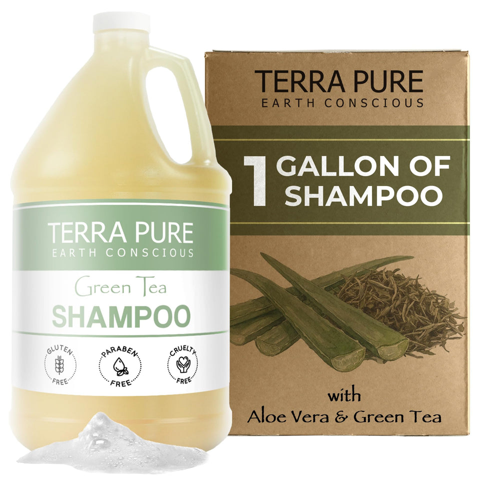 Terra Pure front view of one-gallon shampoo container showing clear labeling and ease