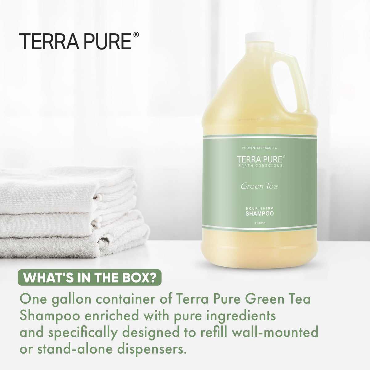 Terra Pure pouring shampoo into dispenser, demonstrating spill-free refill benefit