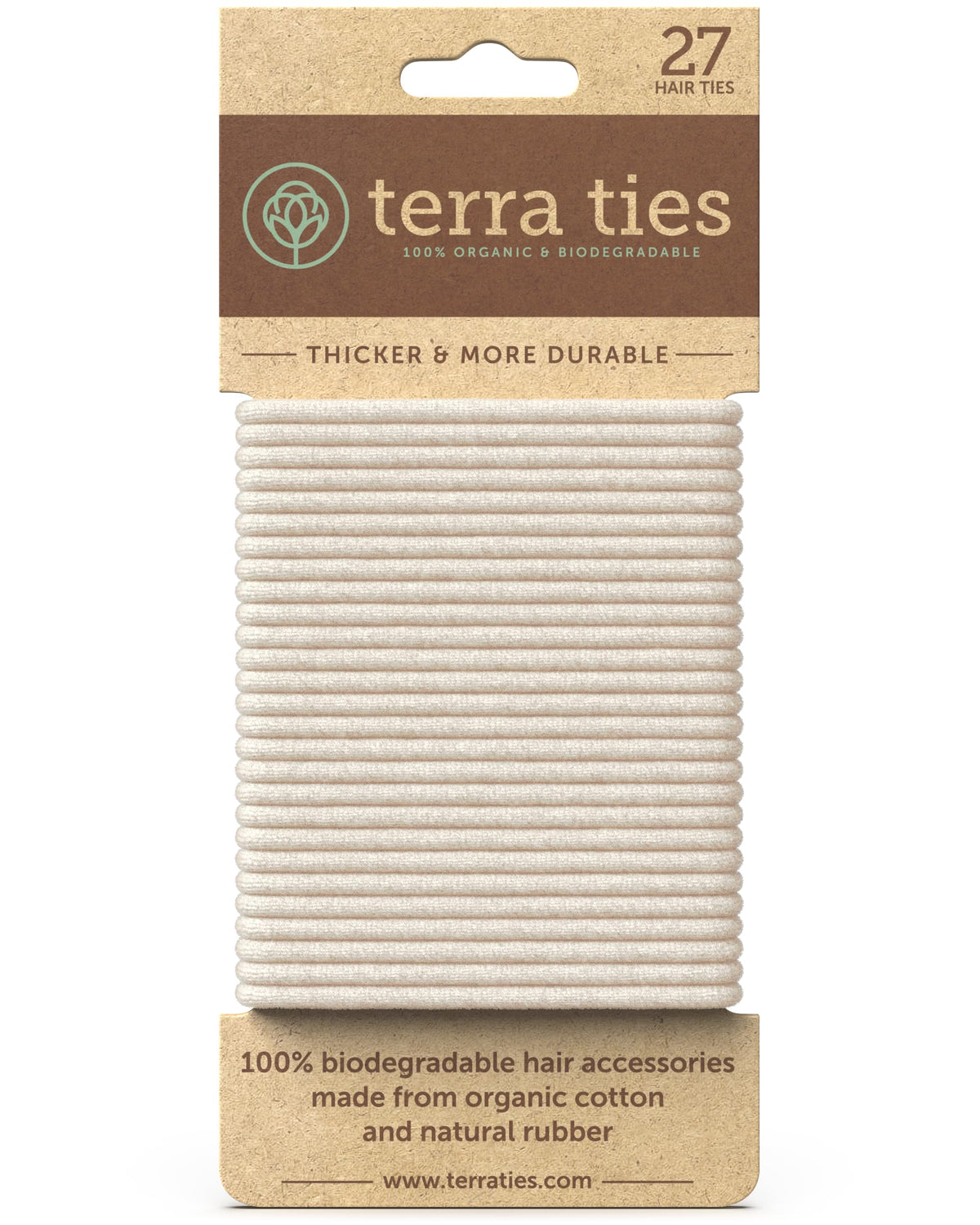 Terra Ties front packaging showing 27 biodegradable blonde hair ties and eco benefit