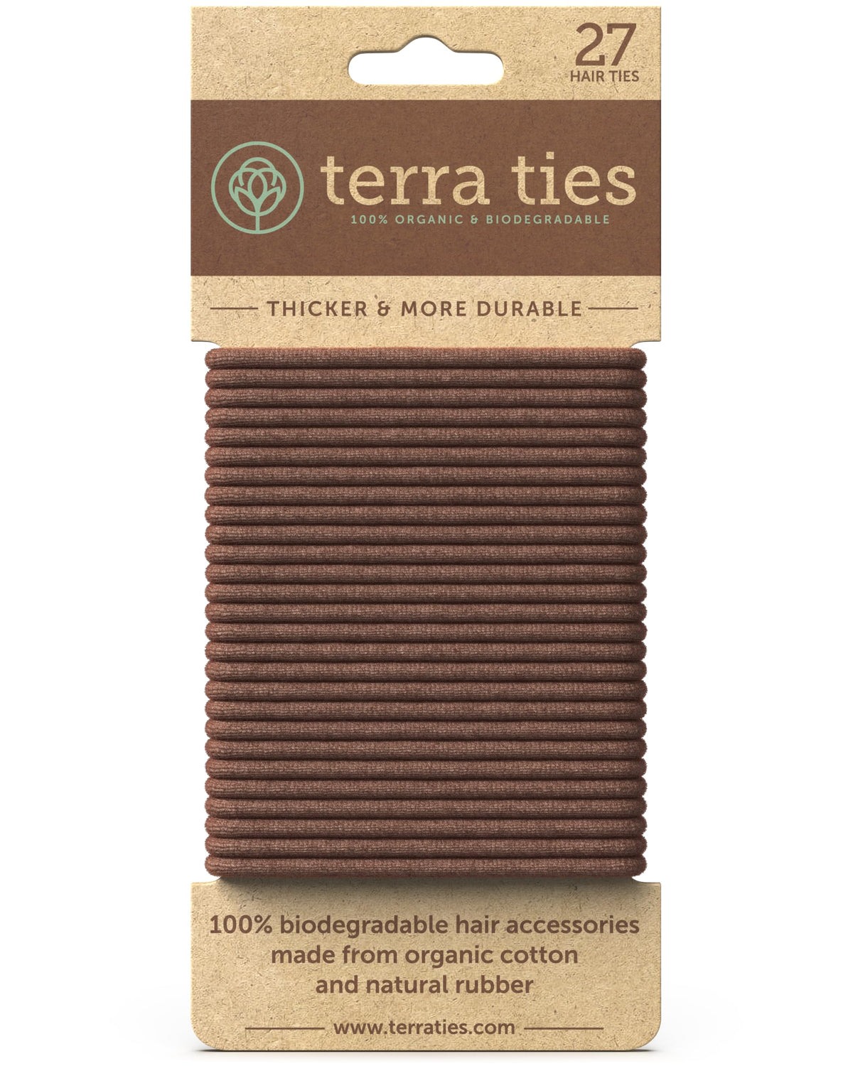 Terra Ties front packaging showing 27-count brown hair ties and eco label