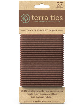 Terra Ties front packaging showing 27-count brown hair ties and eco label