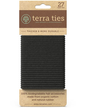 Terra Ties front packaging showing 27 biodegradable black hair ties, eco-friendly benefit