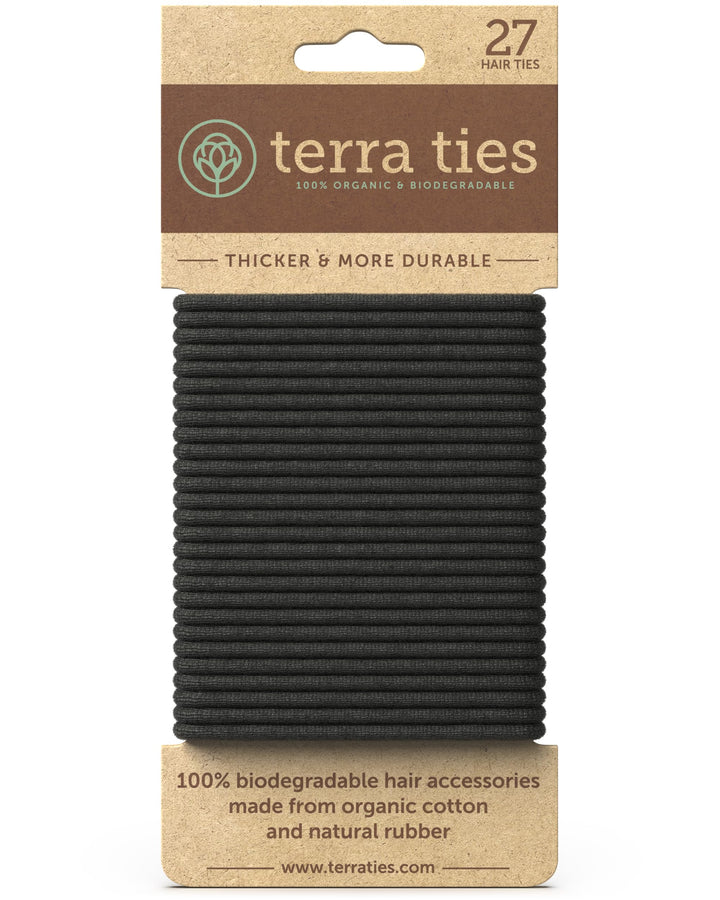 Terra Ties front packaging showing 27 biodegradable black hair ties, eco-friendly benefit