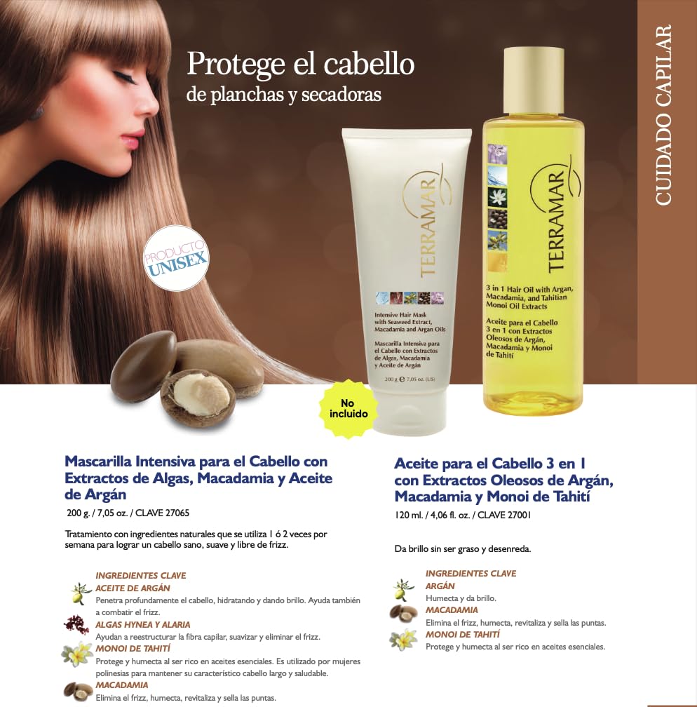 Terramar close-up of argan macadamia monoi ingredients highlighting nourishing blend benefit