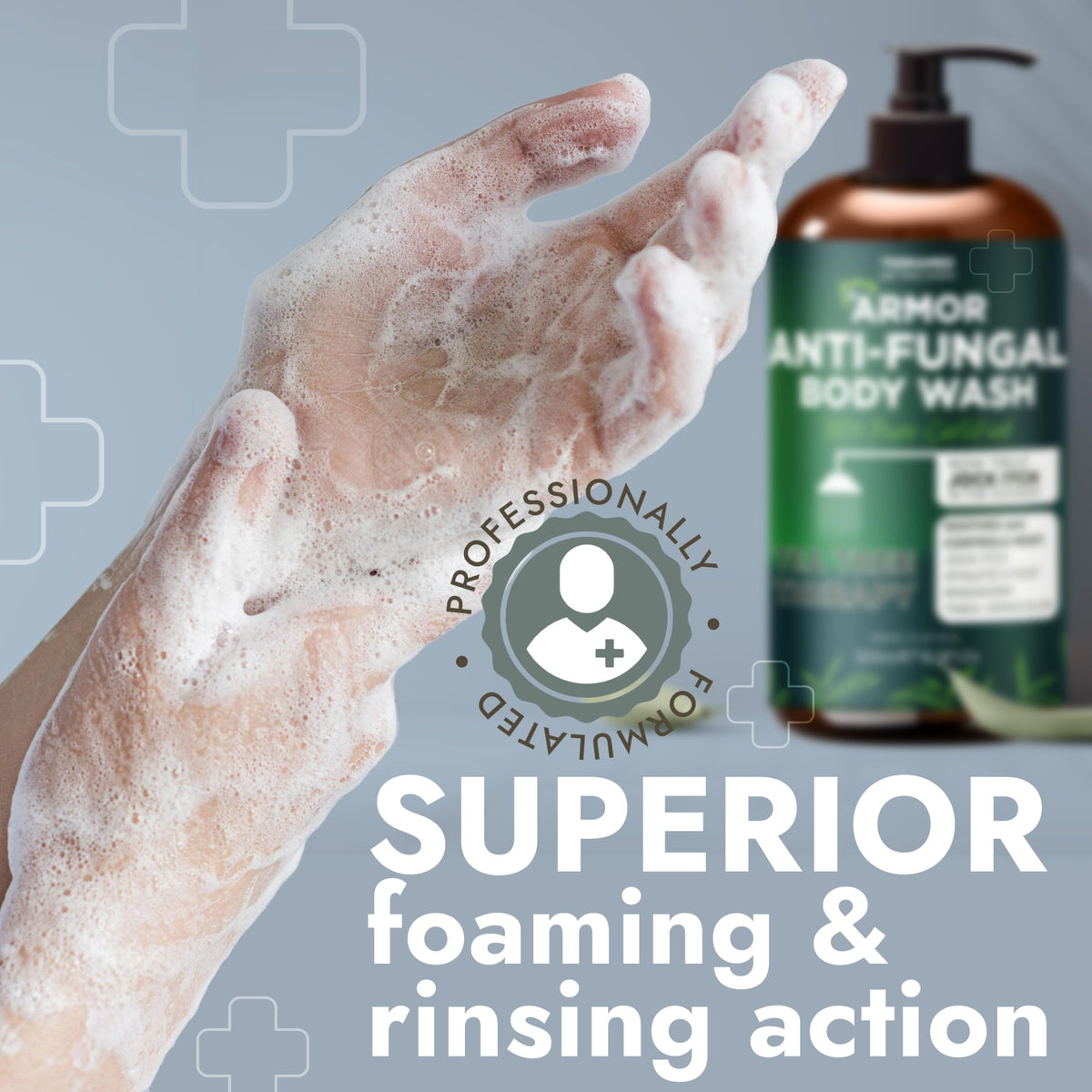 Terramed Just Think Comfort in-shower use on back showing thorough cleansing benefit