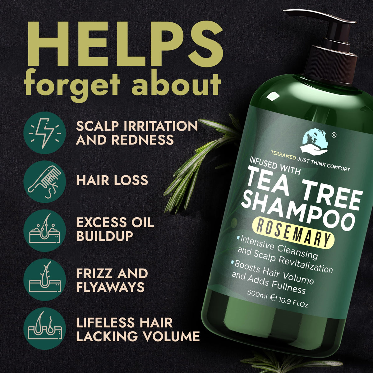 Terramed Just Think Comfort close-up label highlighting rosemary and tea tree oils for soothing scalp