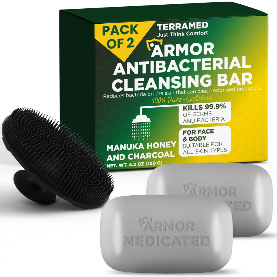 Terramed Just Think Comfort front packaging showing two antibacterial soap bars for convenience