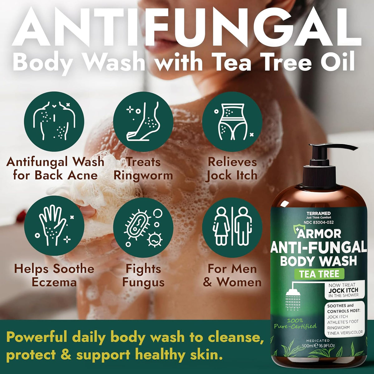 Terramed Just Think Comfort ingredients label highlighting tea tree oil and aloe benefits