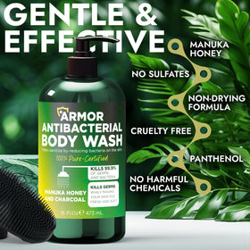Terramed Just Think Comfort manuka honey and charcoal visuals highlighting pore-cleansing action