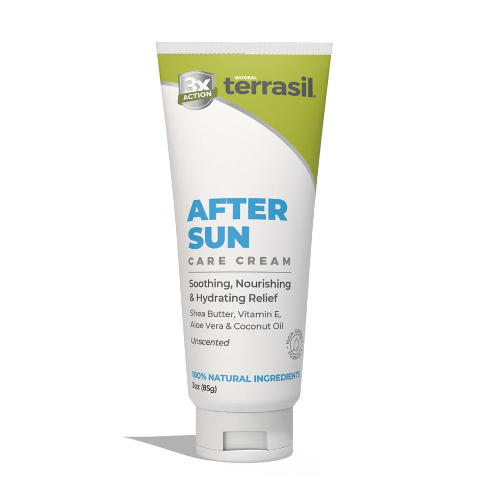 terrasil front packaging showing unscented after-sun lotion and travel size benefit