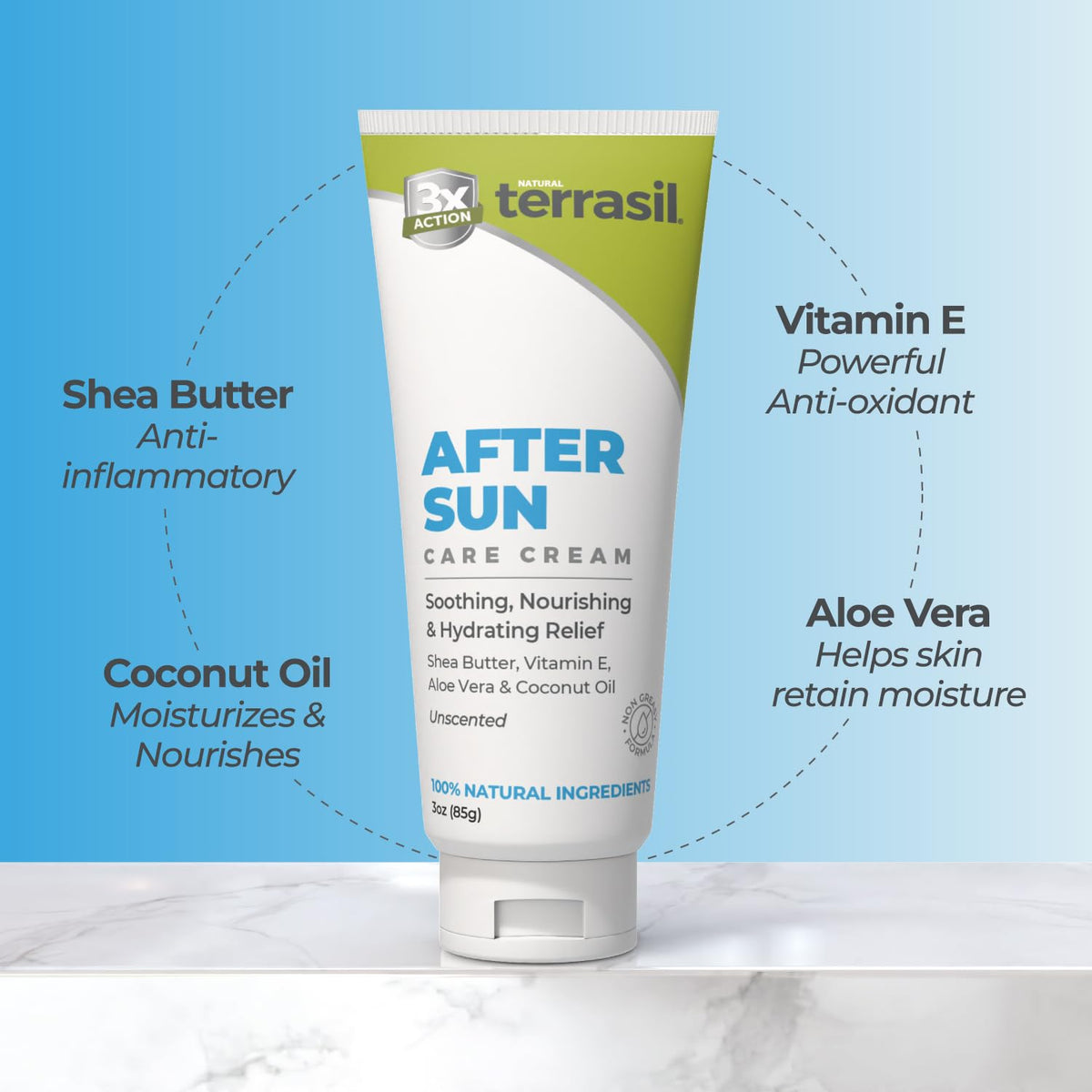 terrasil label listing aloe shea coconut and vitamin E for gentle care