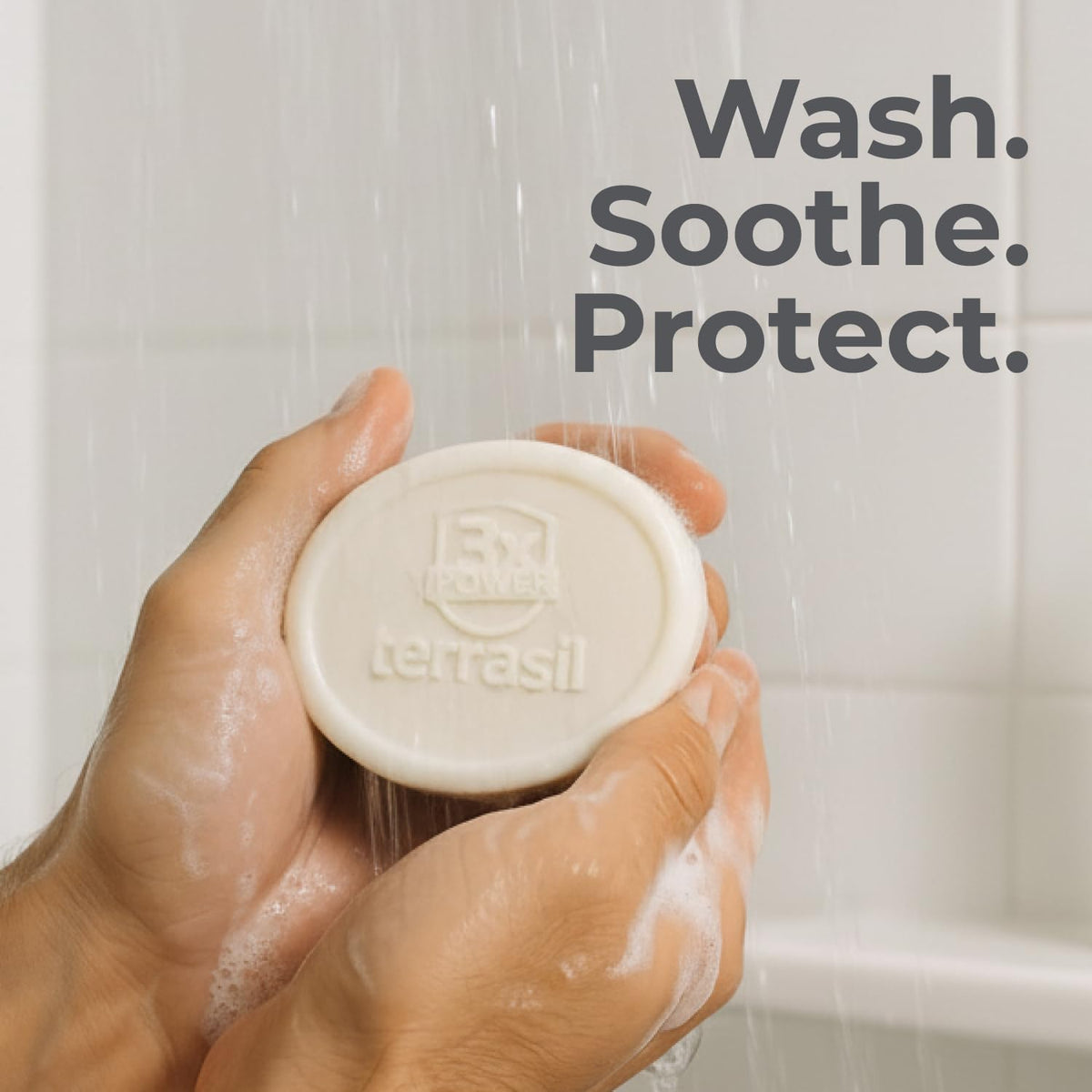 terrasil lather in hand illustrating rich foam and soothing application