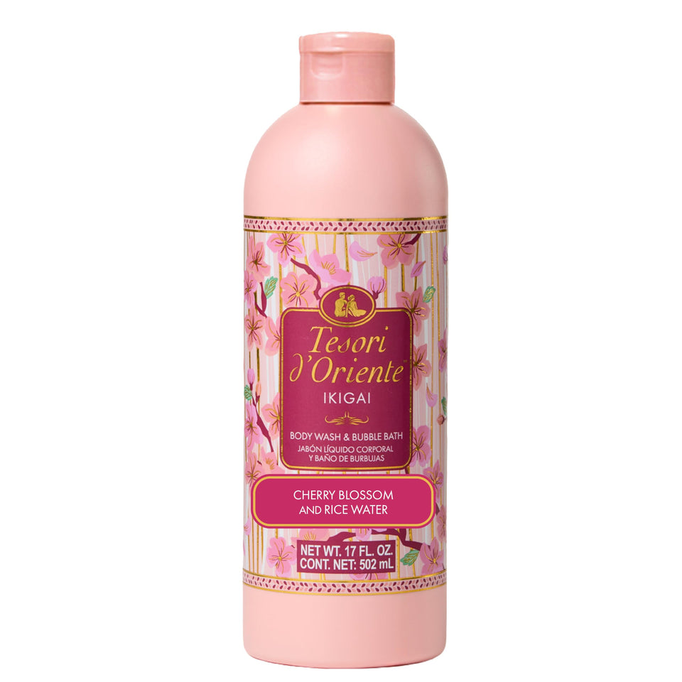 Tesori d'Oriente front bottle showing label and cherry blossom scent benefit