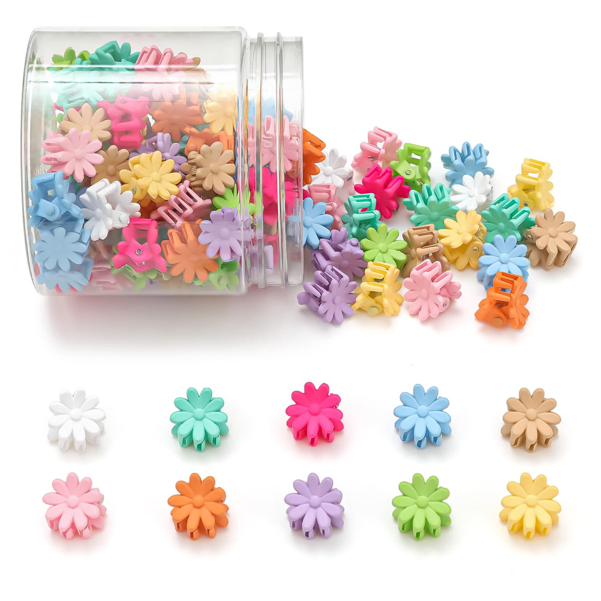 Tetizo front packaging showing 100 colorful mini flower clips, great variety