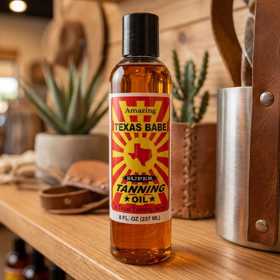 Texas Babe front packaging showing bottle and label, highlighting natural tanning benefits