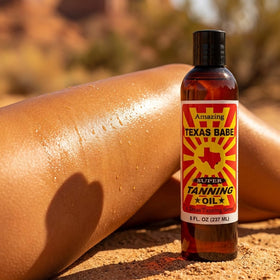Texas Babe ingredients flatlay with oils and seeds, brand highlighting natural blend